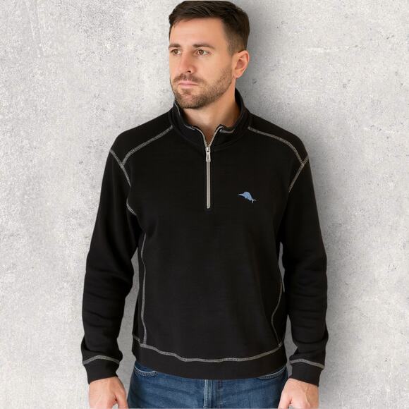 Tommy Bahama Men’s M Half Zip Pullover Sweater Black Contrast Stitching - Picture 1 of 10